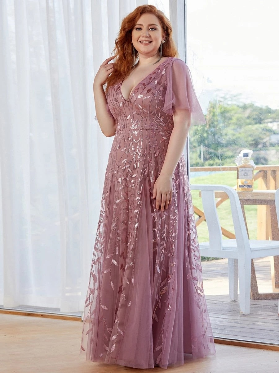 Plus Size Prom Dresses Romantic Shimmery V-Neck Ruffle Sleeves Ever Pretty Classic Maxi Long Evening Gowns Vestidos De Gala