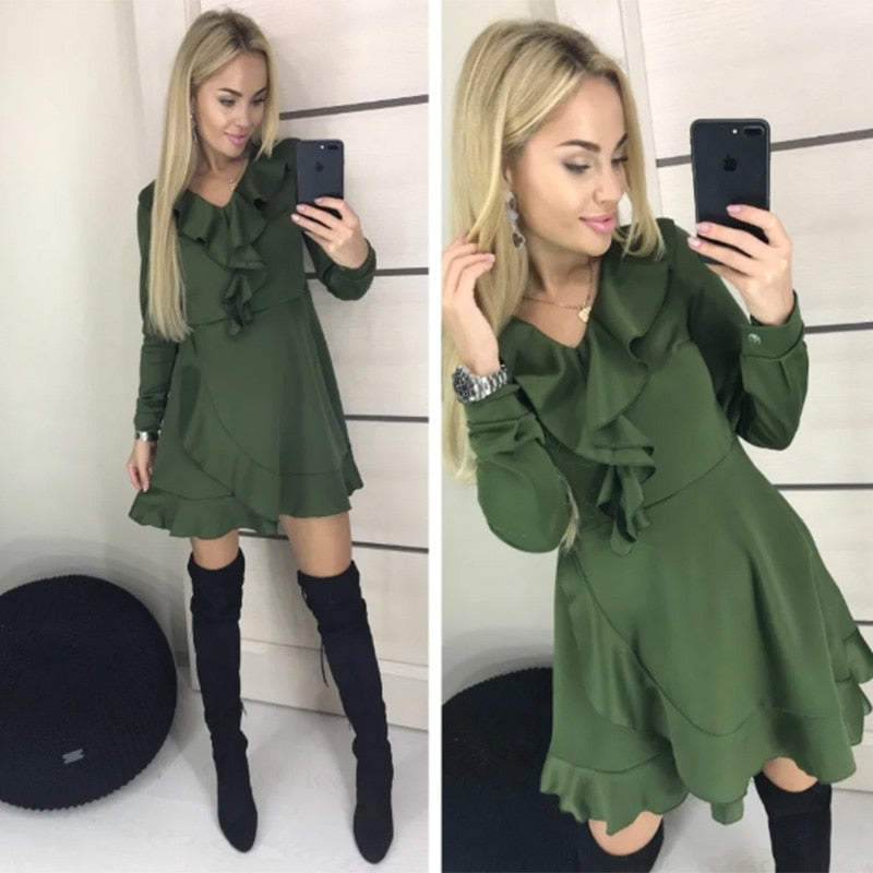 Women Vintage Ruffled Strap A-line Party Dress Long Sleeve Sexy V neck Solid Elegant Casual Mini Dress Autumn Fashion Dress