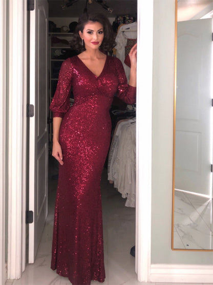 Sexy V-neck Mermaid Evening Dress Long Formal Prom Party Gown Full Sequins long Sleeve Galadress Vestidos Women Dresses 2023