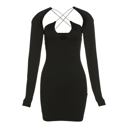 Sexy Hollow Halter Lace Up Black Bodycon Mini Dress Women Fashion Cross Backless Long Sleeve Party Club Clothes For Female