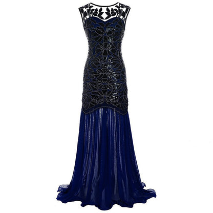 Vestidos Vintage Mujer Sequins Beading Long Evening Dresses Formal Round Neck Lace Long Sexy Women Party Special Occasion