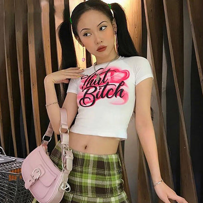 -Fall Outfits  2000S Streetwear O-Neck Short Sleeve T-Shirts Y2K Fashion Letter Print Cute Baby Tees Summer E-Girl White Crop Tops Slim