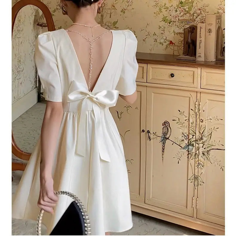 vmtvr Women's Puff Sleeve Mini Dress Backless Designer Dress Sexy Summer Dress Korean One-piece Dress Lady Party Vintage Clothes 2024