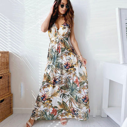 vmtvr - Casual Loose Bohemian Beach Vacation Summer Midi Dress For Women Fashion Print Lace Up Sexy Backless Deep V-neck Maxi Dresses