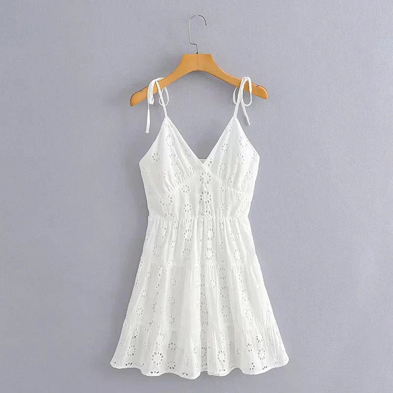 vmtvr  -  White Lace Sleeveless Summer Dress Women Hollow Out Embriodery Sundress Casual Button Beach Boho Vintage Short Dress