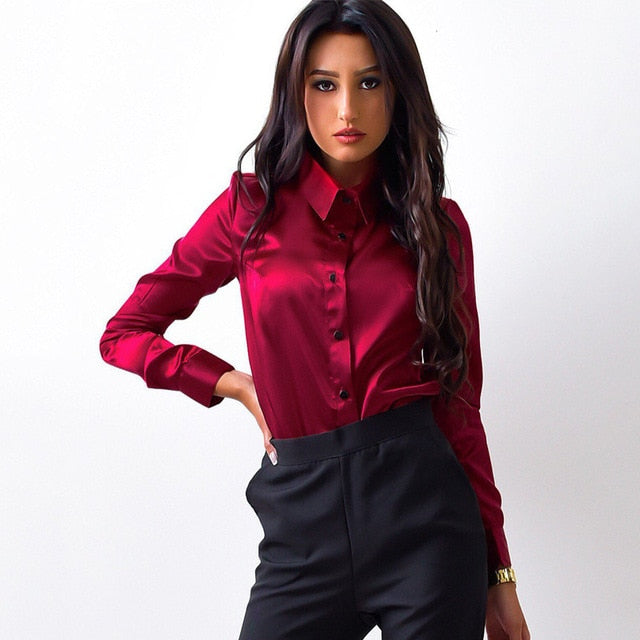 -Fall Outfits Long Sleeve Top  Blusa Women Blouse Elegant Wine Red Green Satin Shirt Turn Down Collar Longth Sleeve Female Formal Office OL Blouse Women Tops