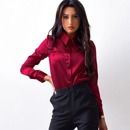 -Fall Outfits Long Sleeve Top  Blusa Women Blouse Elegant Wine Red Green Satin Shirt Turn Down Collar Longth Sleeve Female Formal Office OL Blouse Women Tops