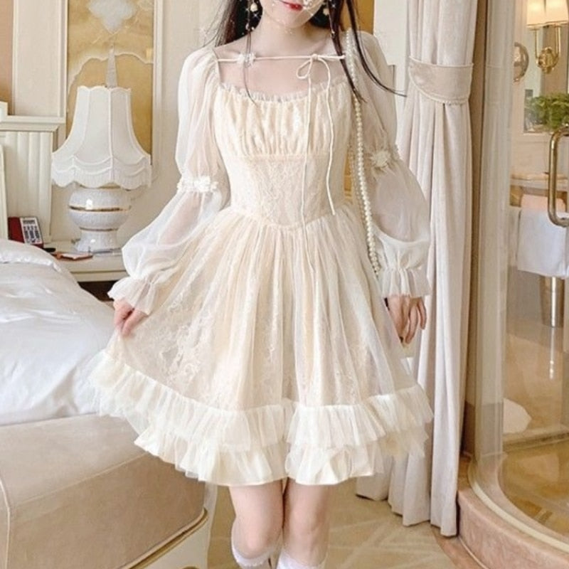 vmtvr Lolita Kawaii Dress Women Casual Long Sleeve Vintage Y2k Mini Dress Female Japanese Style One Piece Dress Korean Autumn