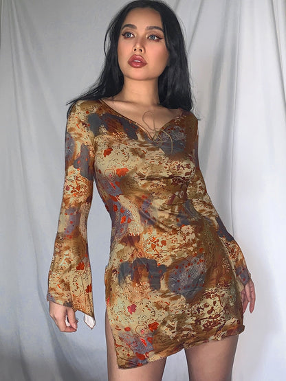 vmtvr - Summer Floral Print Flare Long Sleeve Mini Dress Casual Vintage Grunge Short Dress Ladies Split White Women Dress