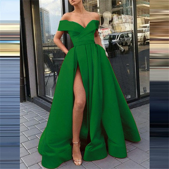 Sexy Off Shoulder Backless Slit Maxi Dress Elegant Strapless Solid Club Party Dress Summer Women Short Sleeve Boho Long Dresses