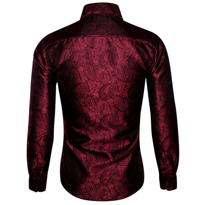 Luxury Red Paisley Silk Shirts Men Long Sleeve Casual Flower Shirts For Men Designer Fit Dress Shirt