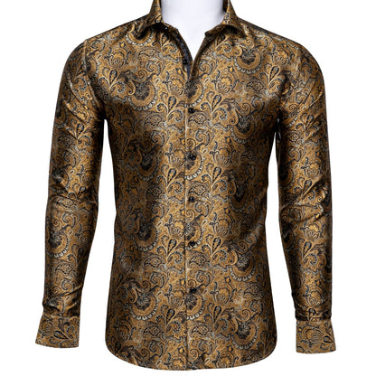 Luxury Red Paisley Silk Shirts Men Long Sleeve Casual Flower Shirts For Men Designer Fit Dress Shirt