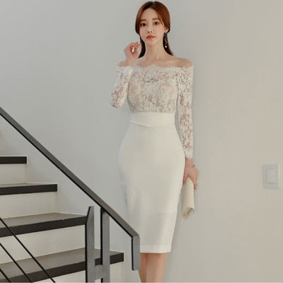 new arrival fashion korean spring midi party dress women OL temperament lace perspective sexy off-shoulder holiday pencil dress