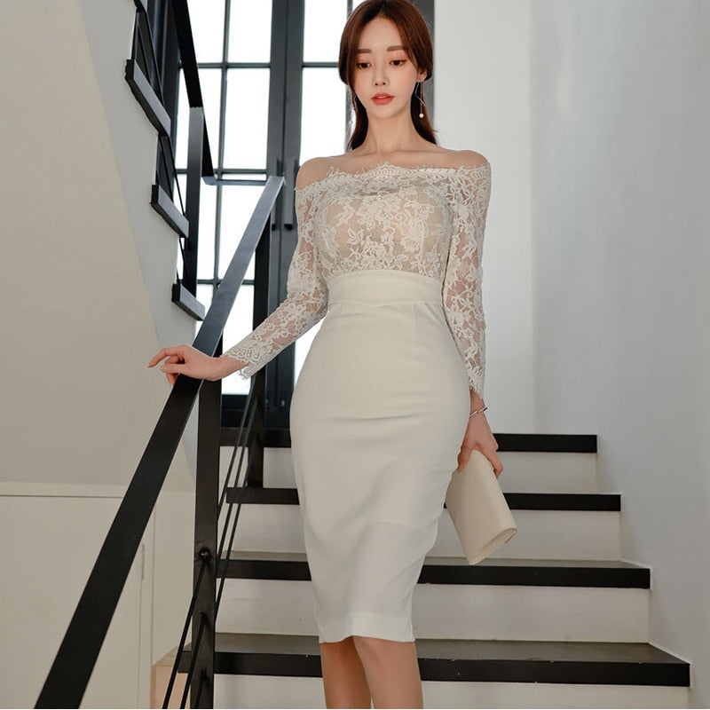 new arrival fashion korean spring midi party dress women OL temperament lace perspective sexy off-shoulder holiday pencil dress