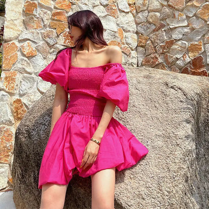 vmtvr French Vintage Fairy Dress Women Red Sweet Princess Party Mini Dress Female Summer Beach Puff Sleeve Holiday Korean Dresses