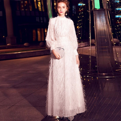 Women Tassel Lantern Long Sleeve Maxi Dress Elegant White Big Swing Party Long Dresses Ladies Vintage Dress Vestidos