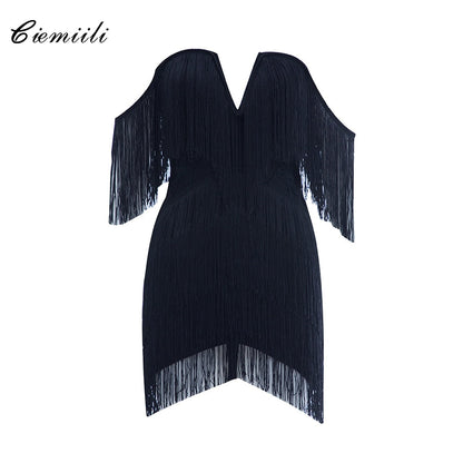 Party Dresses For Women Outfits Women Fashion Tassel Bandage Dress Sexy V Neck Off Shoulder Bodycon Nightclub Celebrity Female Party Mini Dresses