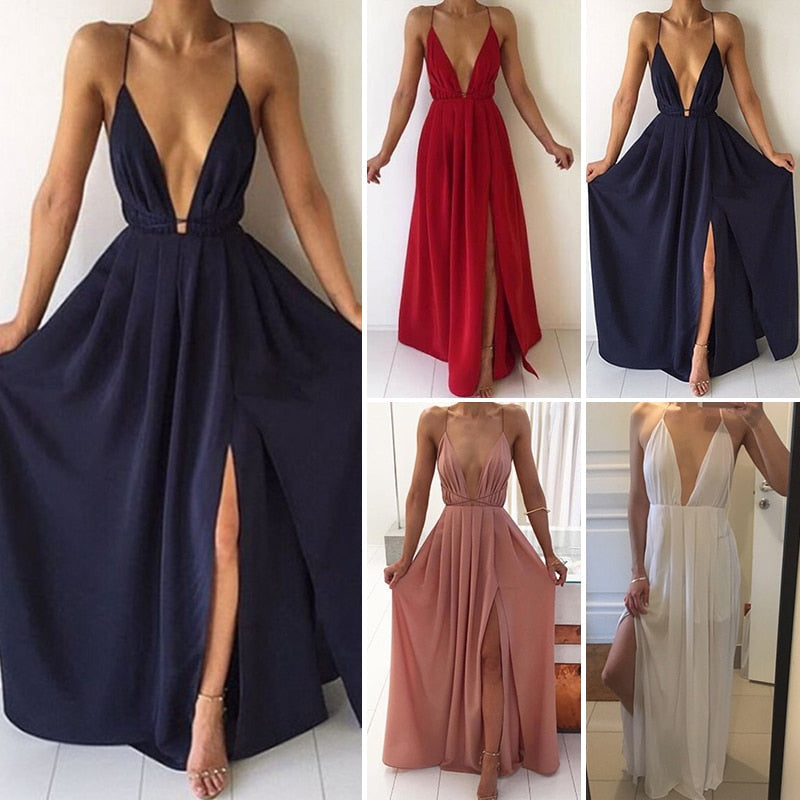 Summer Maxi Dress Women Solid Color Sexy Deep V-Neck Sleeveless Spaghetti Strap Backless High Split Long Sundress Vestidos