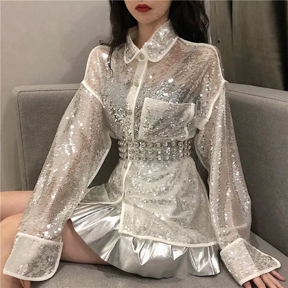 vmtvr Casual Fresh Appliques Stylish Sequins Elegant Female Single Breasted Sweet Summer All-Match Simple Plus Shirt