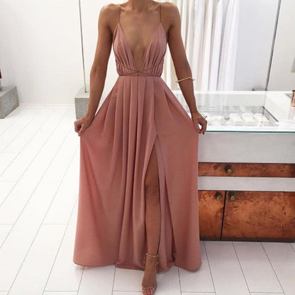 Summer Maxi Dress Women Solid Color Sexy Deep V-Neck Sleeveless Spaghetti Strap Backless High Split Long Sundress Vestidos