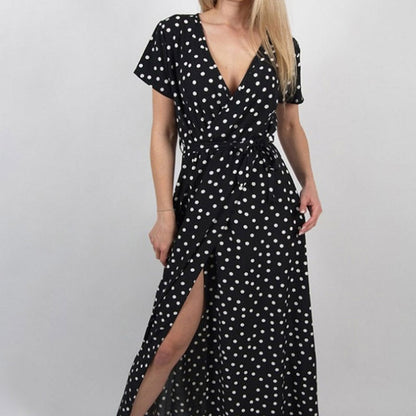 Summer Ladies Long Split Dress Polka dot Beach Dress Maxi Dress Women Evening Party Dress Floor-length Beach Hobo Sundress