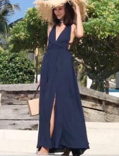 Women Summer New Maxi Boho Beach Dress Ladies Sexy Deep V Neck Backless High Slit Long Vacation Dresses Navy Blue S-XL