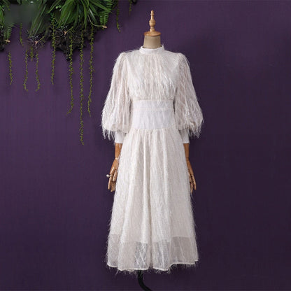 Women Tassel Lantern Long Sleeve Maxi Dress Elegant White Big Swing Party Long Dresses Ladies Vintage Dress Vestidos