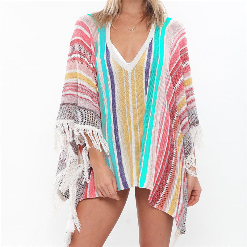 Casual V-Neck Batwing Sleeve Tassel Summer Women Tops Blouses Sexy Lace Up Side Split Women Beachwear Crochet Tunic Q828