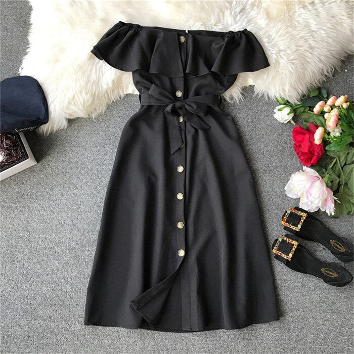 Summer New Women Casual Beach Dress Vintage Elegant A-Line Midi Dress Single-breasted With Belt Party Dress Vestidos R660