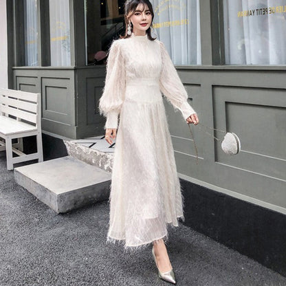 Women Tassel Lantern Long Sleeve Maxi Dress Elegant White Big Swing Party Long Dresses Ladies Vintage Dress Vestidos