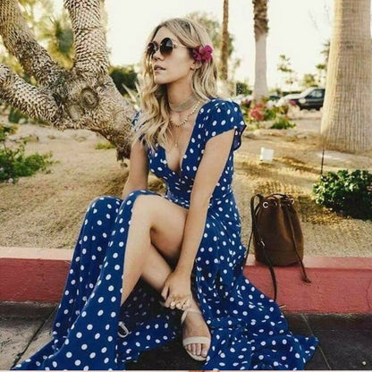 Summer Ladies Long Split Dress Polka dot Beach Dress Maxi Dress Women Evening Party Dress Floor-length Beach Hobo Sundress