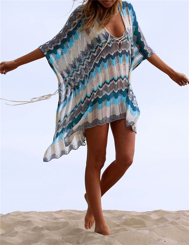 Casual V-Neck Batwing Sleeve Tassel Summer Women Tops Blouses Sexy Lace Up Side Split Women Beachwear Crochet Tunic Q828