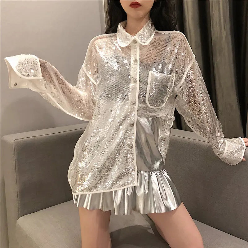 vmtvr Casual Fresh Appliques Stylish Sequins Elegant Female Single Breasted Sweet Summer All-Match Simple Plus Shirt