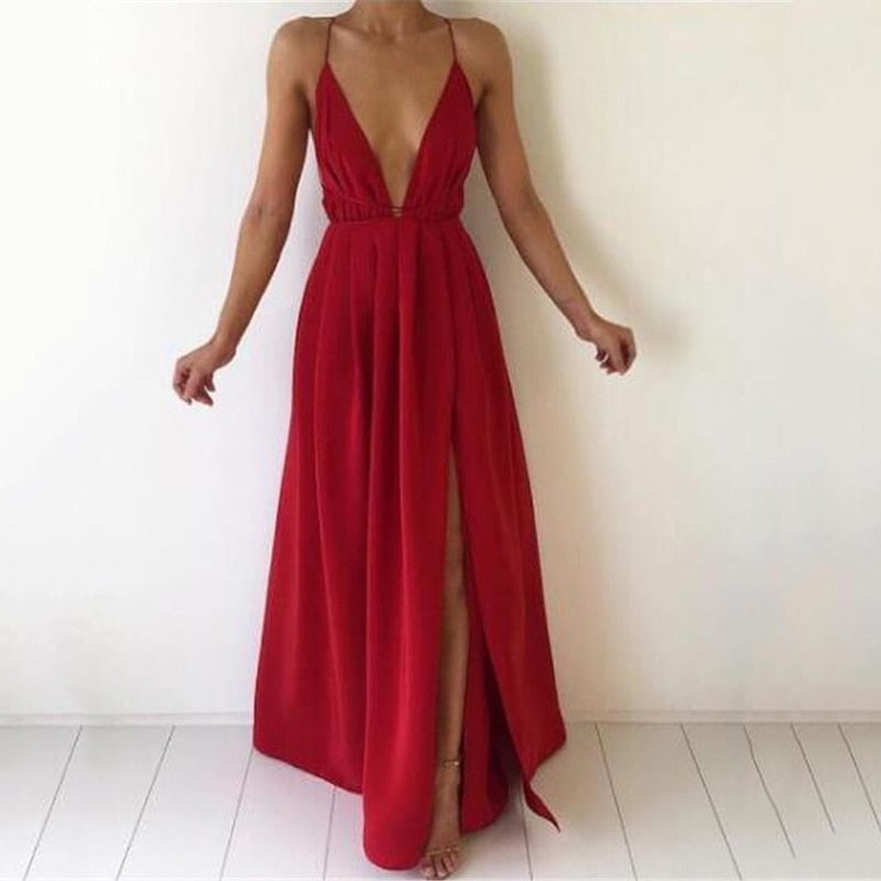 Summer Maxi Dress Women Solid Color Sexy Deep V-Neck Sleeveless Spaghetti Strap Backless High Split Long Sundress Vestidos