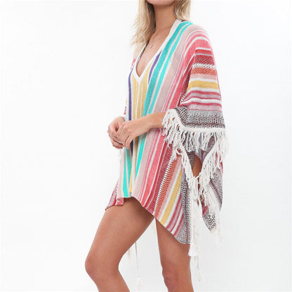 Casual V-Neck Batwing Sleeve Tassel Summer Women Tops Blouses Sexy Lace Up Side Split Women Beachwear Crochet Tunic Q828