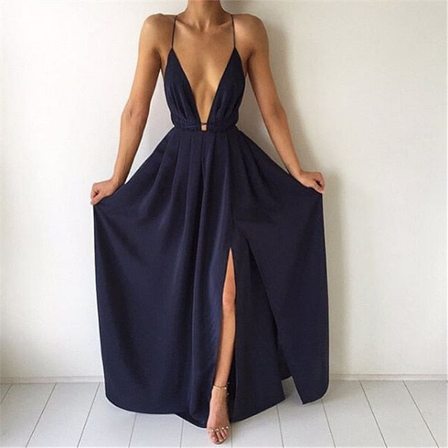 Summer Maxi Dress Women Solid Color Sexy Deep V-Neck Sleeveless Spaghetti Strap Backless High Split Long Sundress Vestidos