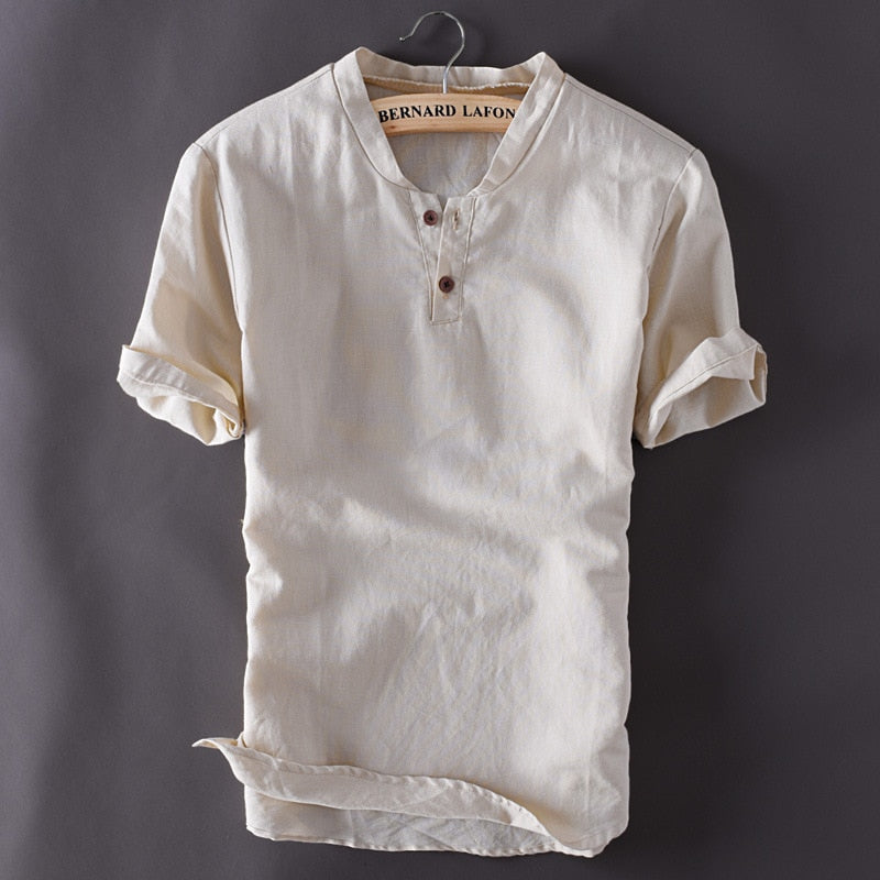 jiaabc Mens Pullover Linen Shirts Short Sleeve Summer Breathable Mens Quality Casual Shirts Slim fit Solid Cotton Shirts Men TS-150