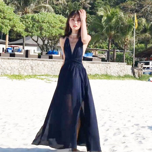 Women Summer New Maxi Boho Beach Dress Ladies Sexy Deep V Neck Backless High Slit Long Vacation Dresses Navy Blue S-XL