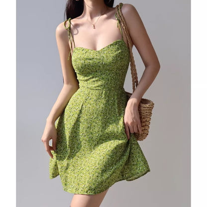 - women's summer green printed suspender dress GEU1356