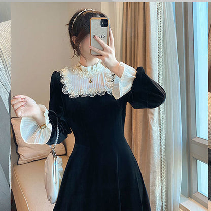 vmtvr - French Retro Black Midi Dress Women Elegant One Piece Dress Korean Autumn SLim Lace Evening Party Velvet Dress Female Cute