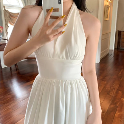 White Elegant Halter Dress Women Sexy Backless Korean Party Midi Dress Female Sleeveless V-neck Vintage Dresses for Women 2024