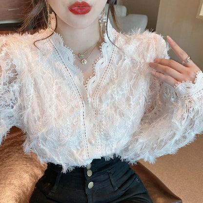 -Fall Outfits Long Sleeve Top  Vintage V-Neck Long Sleeve Lace Blouse Women Tops Tassel White Shirts Blusas Hollow Out Lace Flowers Ladies Blouses Shirts 16095