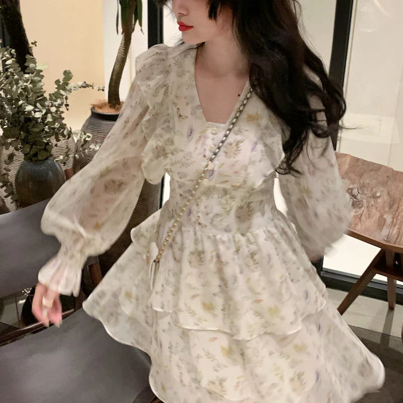 vmtvr Vintage Long Sleeve Fairy Dress Women Sweet Ruffle Elegant Princess FloralDress Female Autumn Slim Korean Party Mini Dress