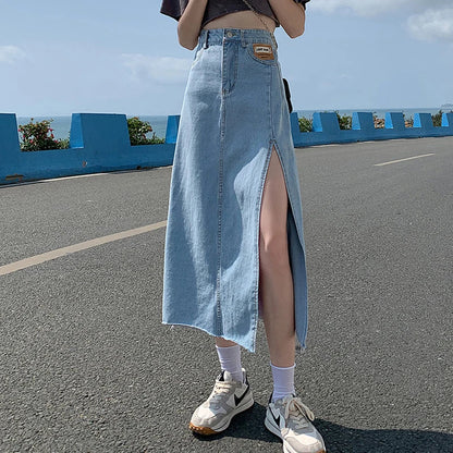 vmtvr High Waist Women Denim Skirt Split Fashion A Line Streetwear Jeans Long Skirt Korean Black Summer Causal Ladies Faldas