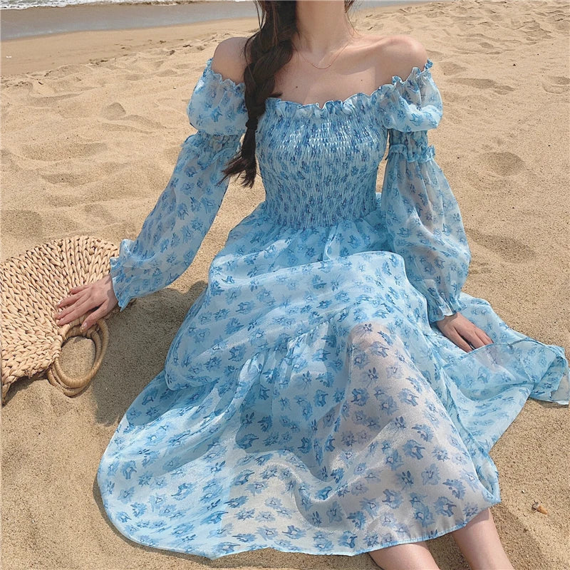 vmtvr Design Floral Dress Women Summer Puffer Sleeve Beach One Piece Dress Korean Elegant Vintage Dress Female Chic Square Collar