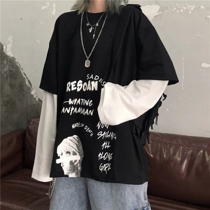 -Korean Harajuku Black White Striped Hip Hop T-Shirts Men Women Autumn Cotton Fake Two Piece Long Sleeve Loose Tshirt Female