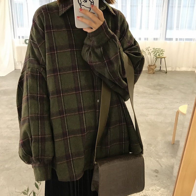 Flectit Flannel Oversized Shirt Long Sleeve Collared Boyfriend Plaid Blouse Fall Winter