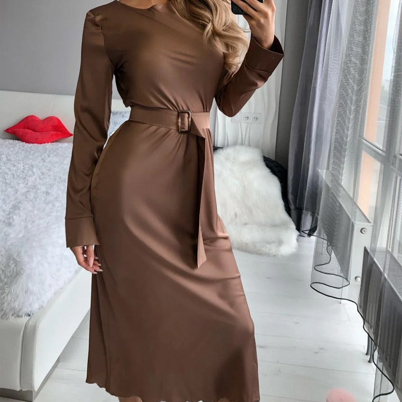 Women Summer Dress Satin Straight Midi Party Club Belt Long Dress Elegant Fashion Bandage Bodycon