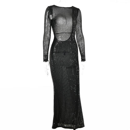 vmtvr - Backless Black Maxi Dress Women Sexy High Waist Elegant Fashion Streetwear Casual Slim Round Collar Sequins Female Dress