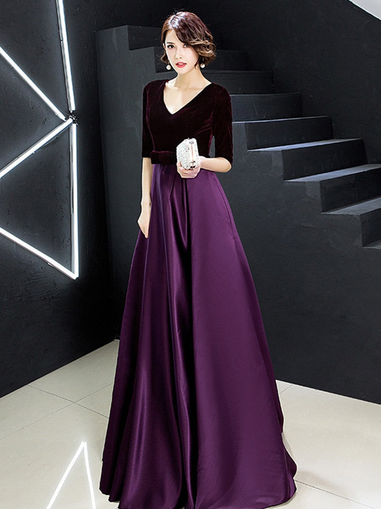 V-neck Bow Waist A-line Satin Evening Dresses Short-Sleeve Velour Formal Women Prom Dresses Elegant Graduation Party Gowns